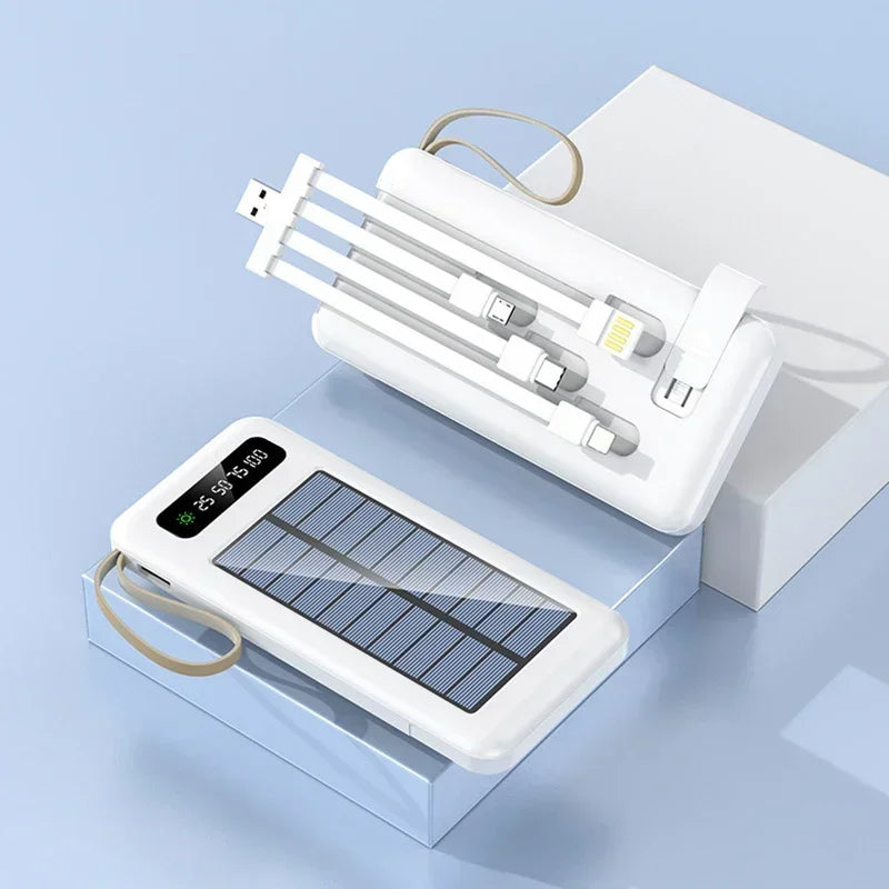 Solar Power Bank with Built-In 4 Cables, Flashlight & Fast Charging (High Capacity)