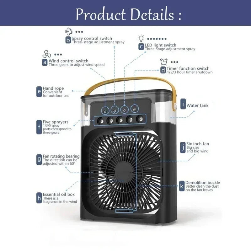 3-in-1 Personal Evaporative Cooler Fan -- Portable Mist Humidifier with 7-Color LED Night Light