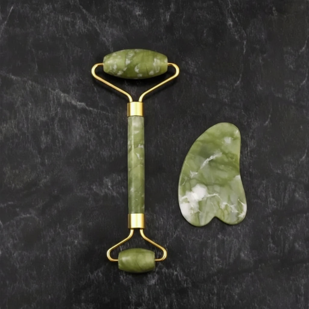 Natural Jade Facial Massage Set | Gua Sha Scraping Board + Face Roller | 2-Piece Skincare Tool Kit | Natural Stone Beauty Bar