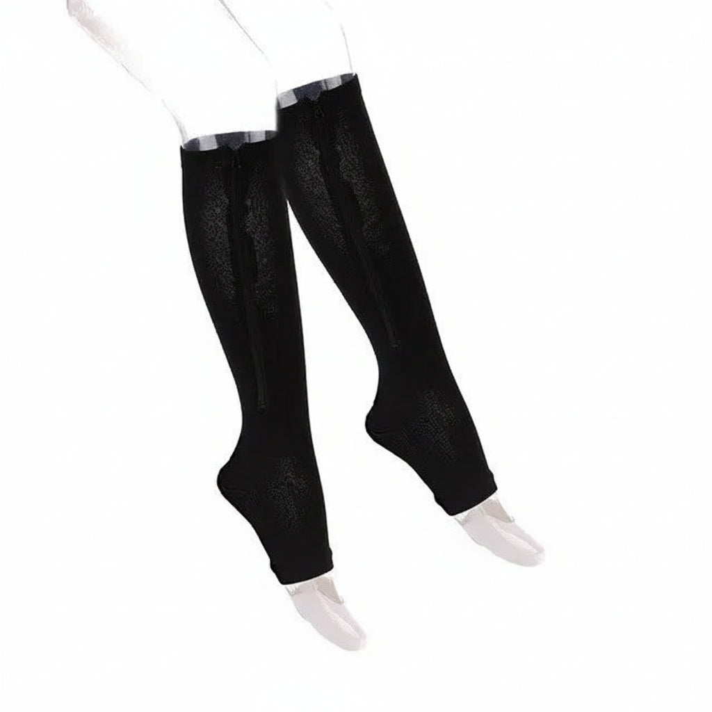 Zipper Compression Socks - Open Toe Knee High Support for Swelling, Varicose Veins and Tired Legs - Unisex, 1 Pair