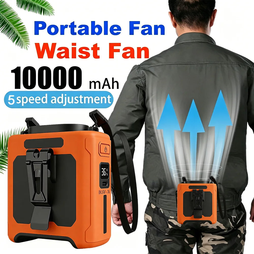 10000mAh Waist & Neck Fan — 3-in-1 Portable Hands-Free Cooling Fan with Phone Charger & LED Light for Outdoor Work, Camping & Travel