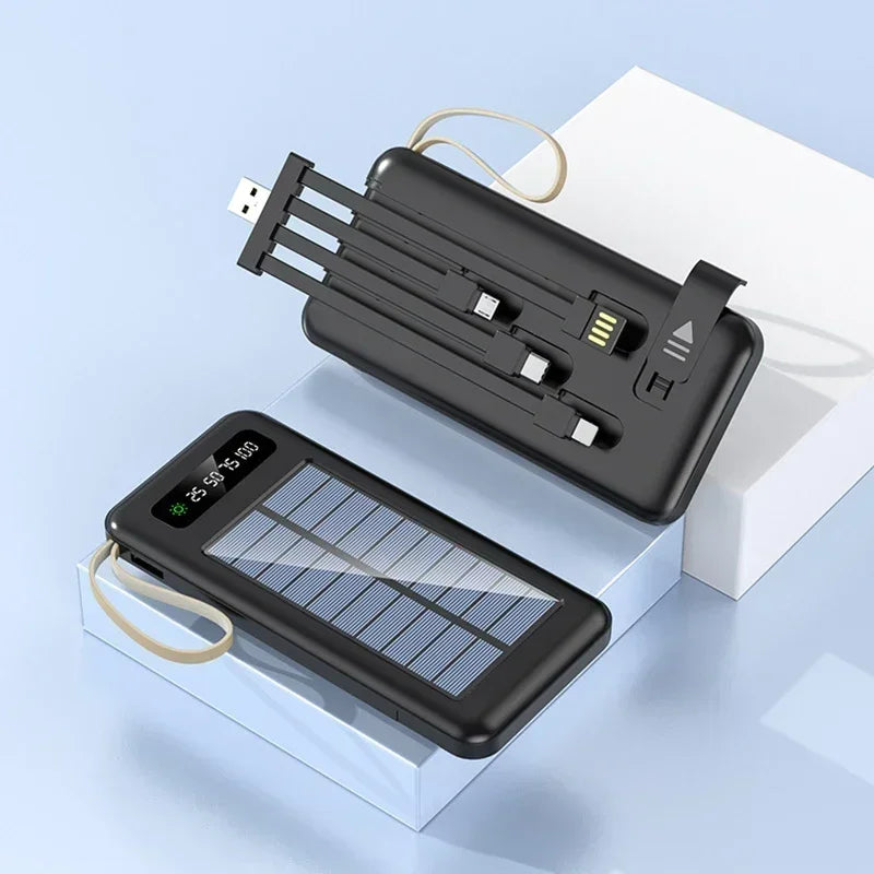 Solar Power Bank with Built-In 4 Cables, Flashlight & Fast Charging (High Capacity)
