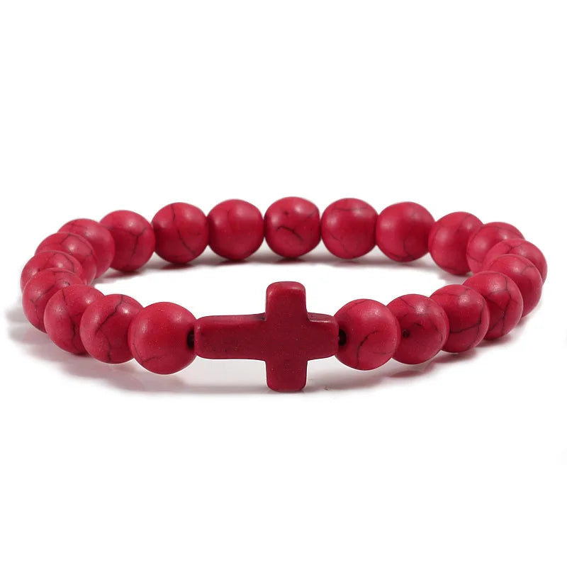 Natural Turquoise Stone Cross Bracelet -- 8mm (0.31in) Beaded Prayer Bracelet | Unisex