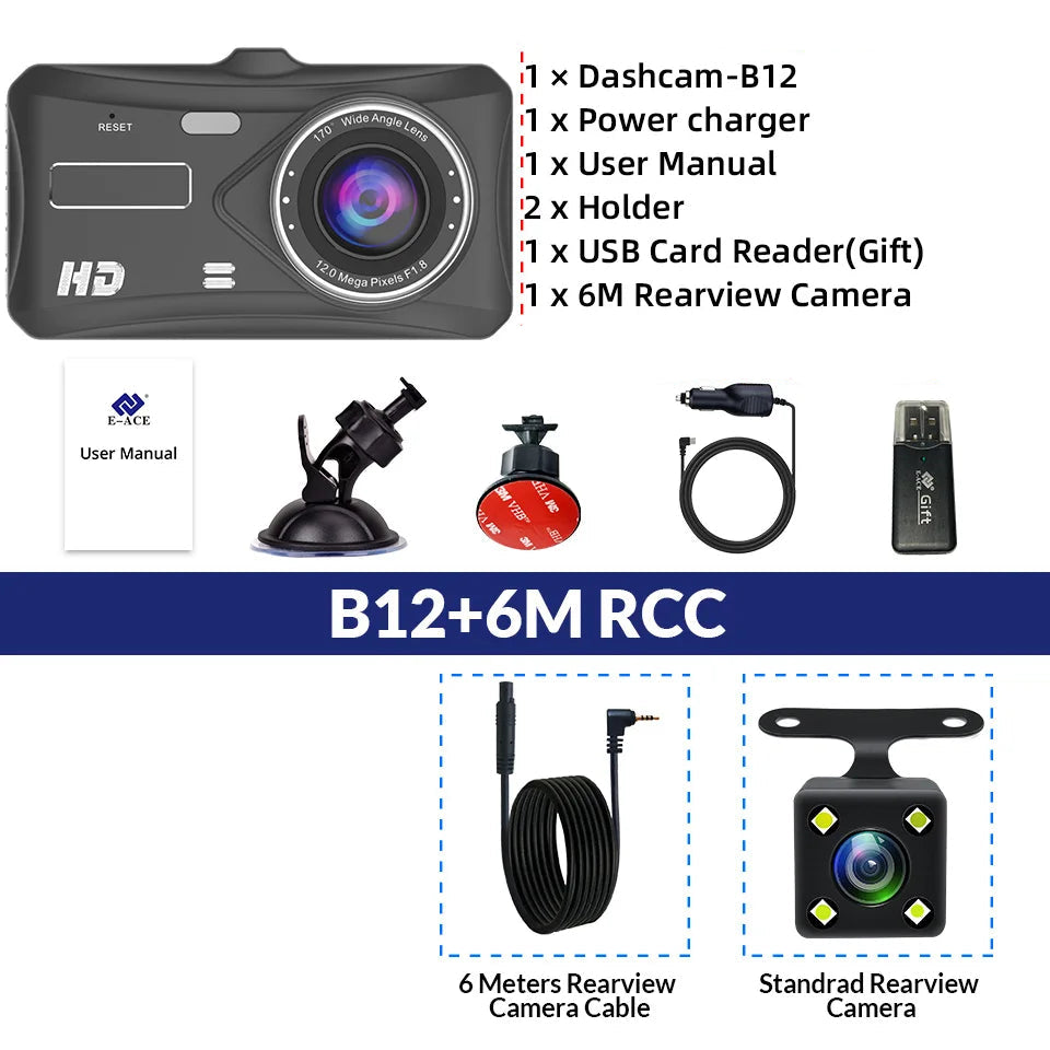 Dual Dashcam with Touch Screen, Night Vision & Rear Camera (FHD 1080P, 4" IPS)