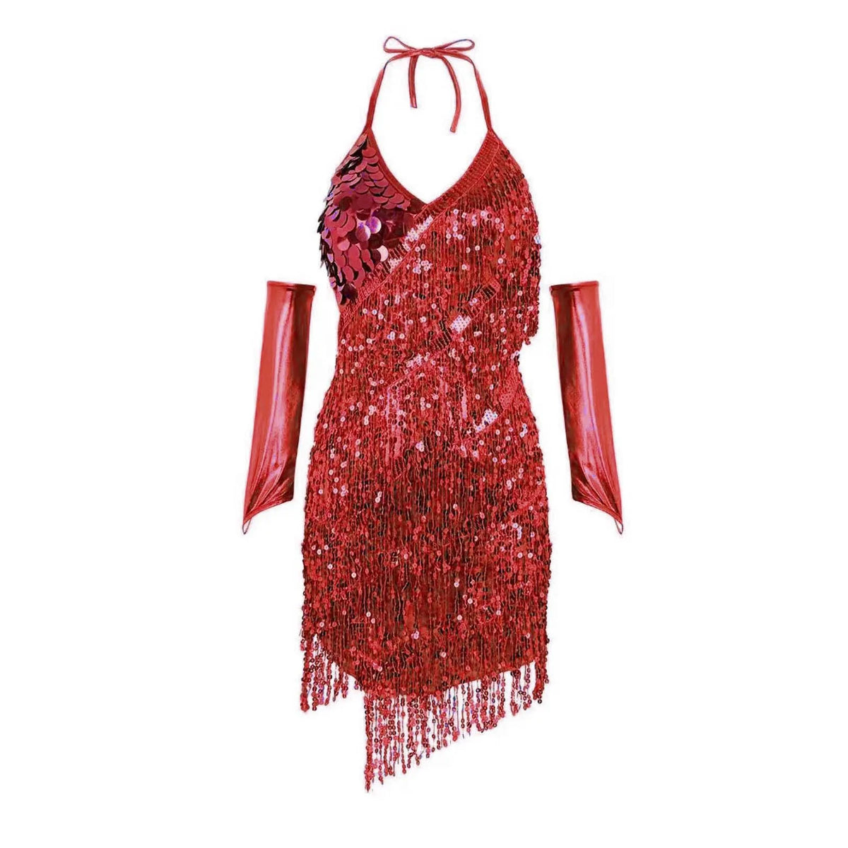 Sequin Latin Dance Dress with Rhinestone Tassels and Gloves - Sparkly Ballroom Performance Costume for Women