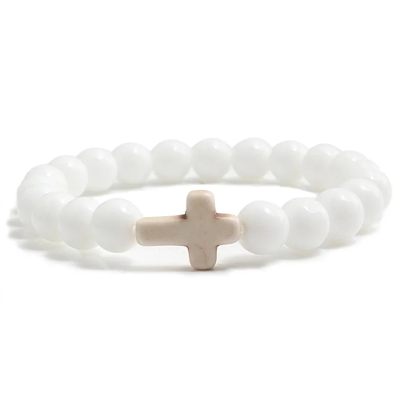 Natural Turquoise Stone Cross Bracelet -- 8mm (0.31in) Beaded Prayer Bracelet | Unisex