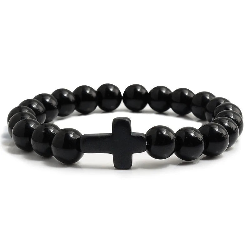 Natural Turquoise Stone Cross Bracelet -- 8mm (0.31in) Beaded Prayer Bracelet | Unisex