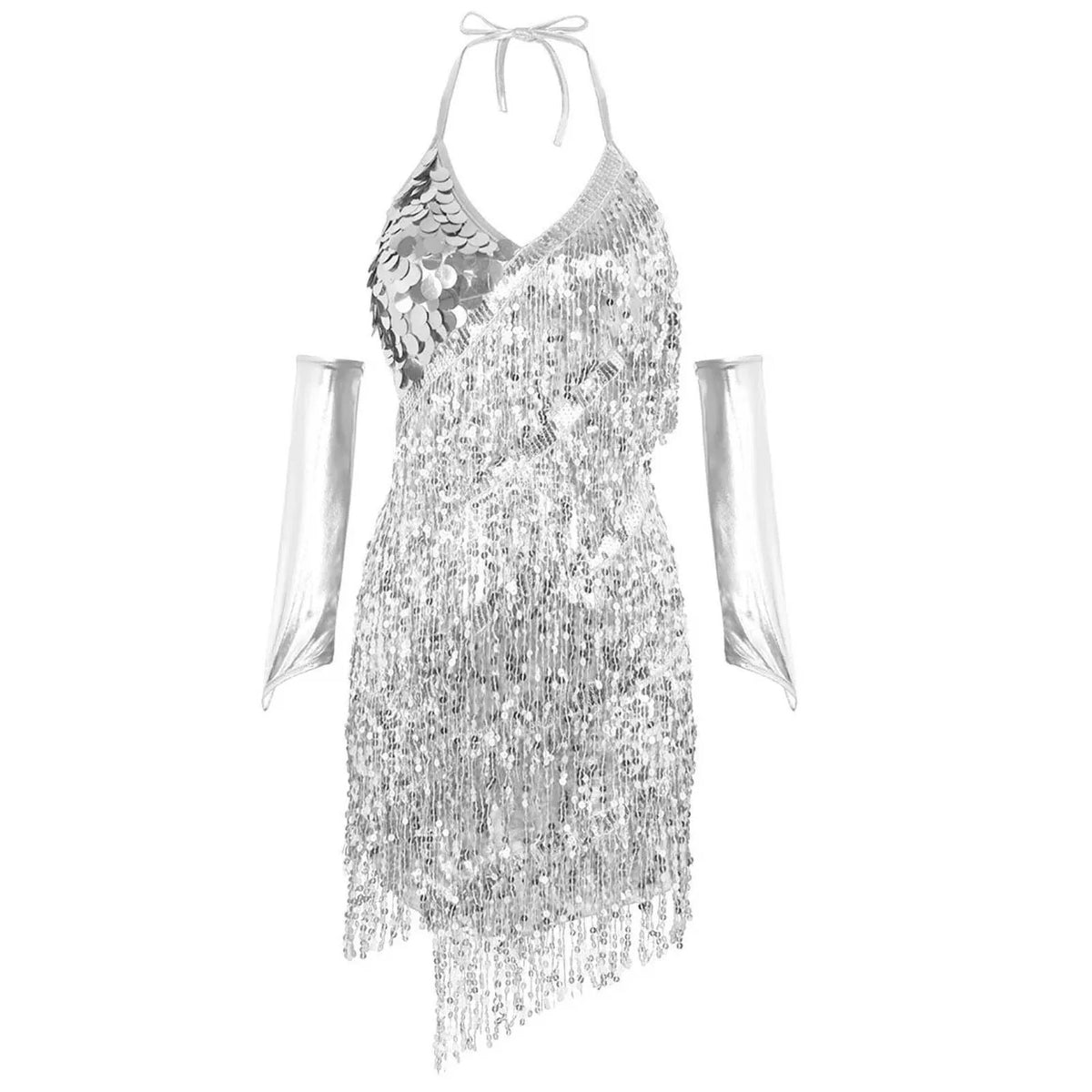 Sequin Latin Dance Dress with Rhinestone Tassels and Gloves - Sparkly Ballroom Performance Costume for Women