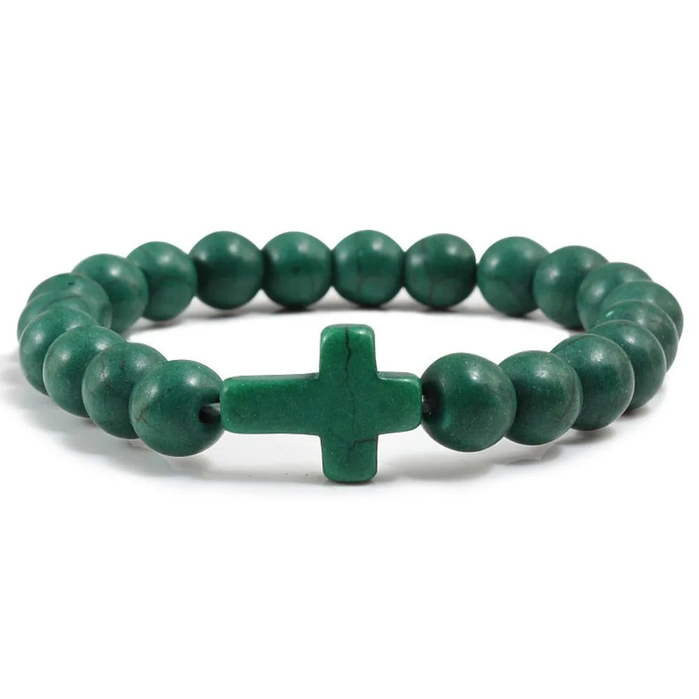 Natural Turquoise Stone Cross Bracelet -- 8mm (0.31in) Beaded Prayer Bracelet | Unisex