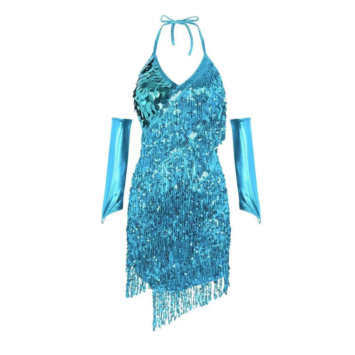 Sequin Latin Dance Dress with Rhinestone Tassels and Gloves - Sparkly Ballroom Performance Costume for Women