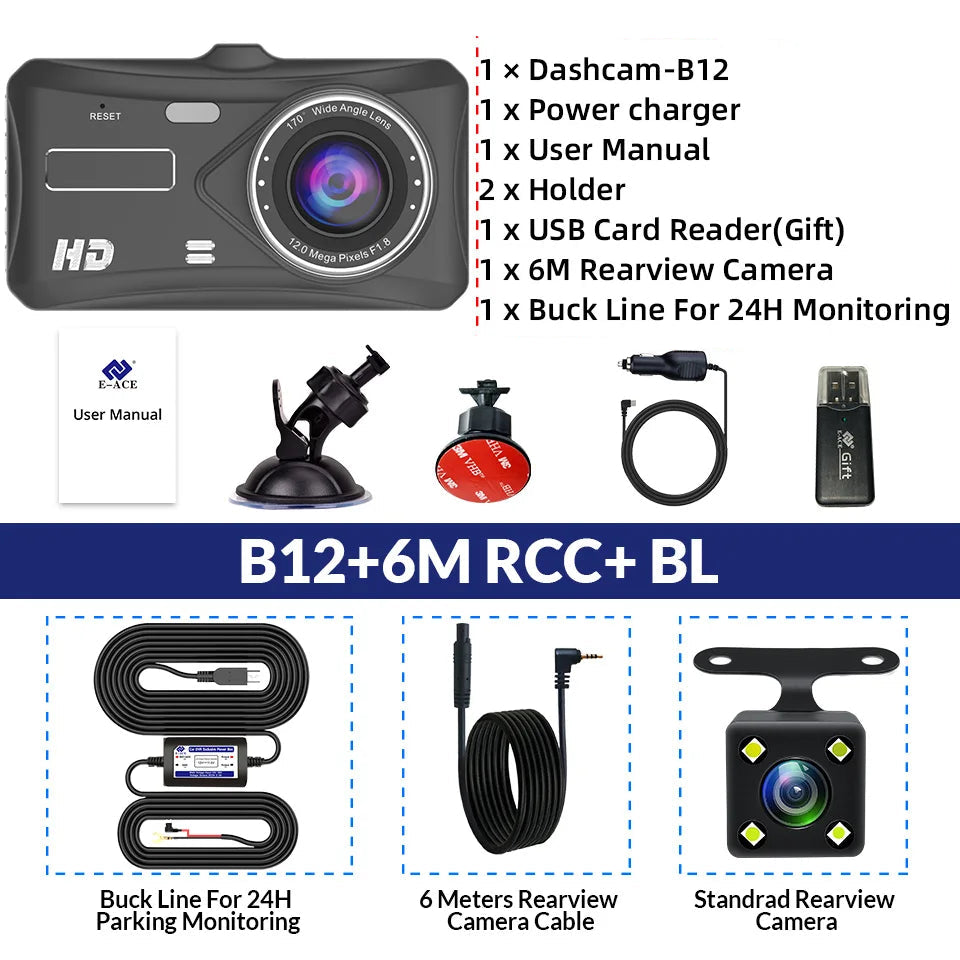 Dual Dashcam with Touch Screen, Night Vision & Rear Camera (FHD 1080P, 4" IPS)