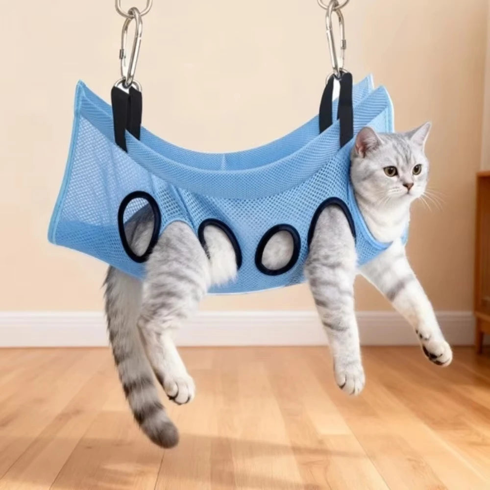 Foldable Pet Grooming Hammock Stand - Adjustable Mesh Bathing and Nail Trimming Restraint Rack for Small and Medium Dogs and Cats