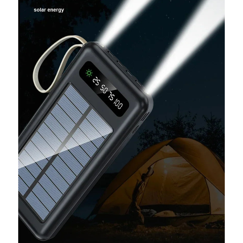 Solar Power Bank with Built-In 4 Cables, Flashlight & Fast Charging (High Capacity)