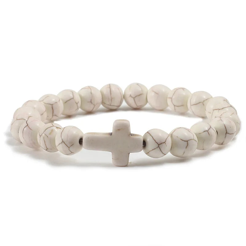 Natural Turquoise Stone Cross Bracelet -- 8mm (0.31in) Beaded Prayer Bracelet | Unisex