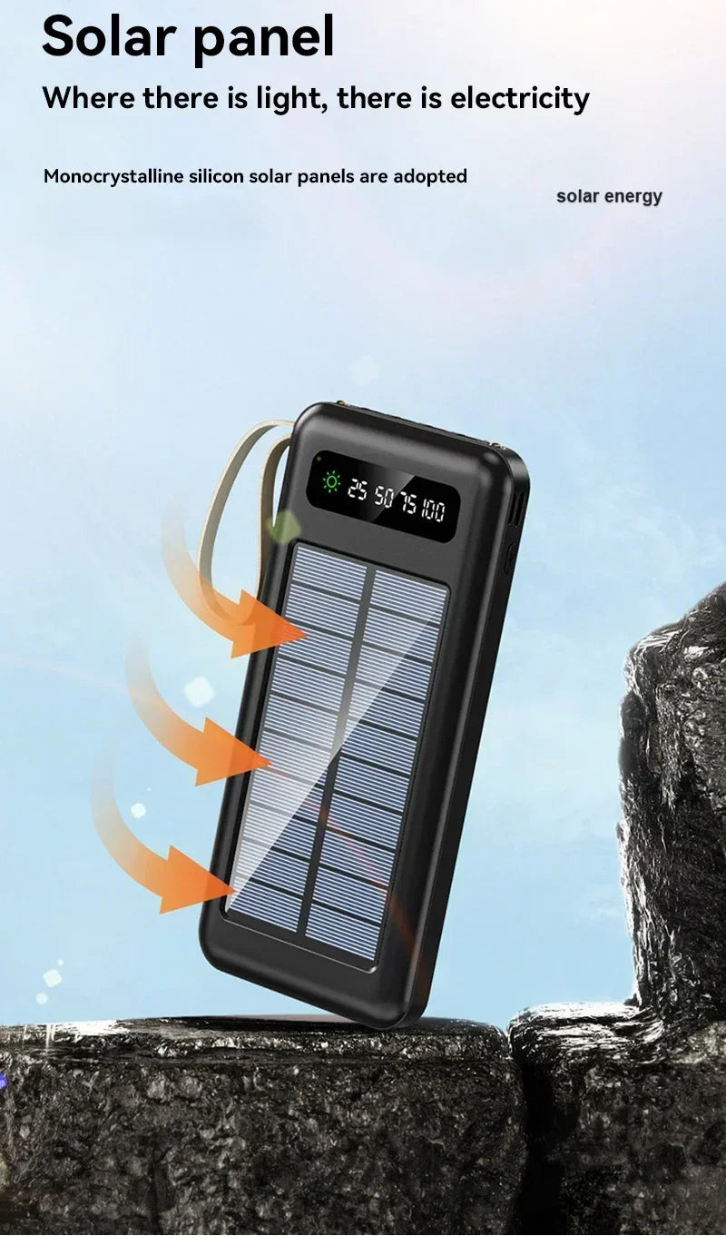 Solar Power Bank with Built-In 4 Cables, Flashlight & Fast Charging (High Capacity)