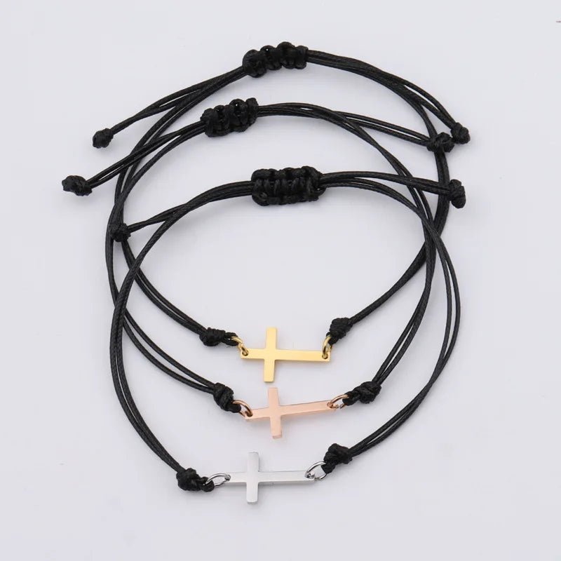 Handmade Stainless Steel Cross Charm Bracelet -- Braided Adjustable Lucky String | Set of 10 | Unisex