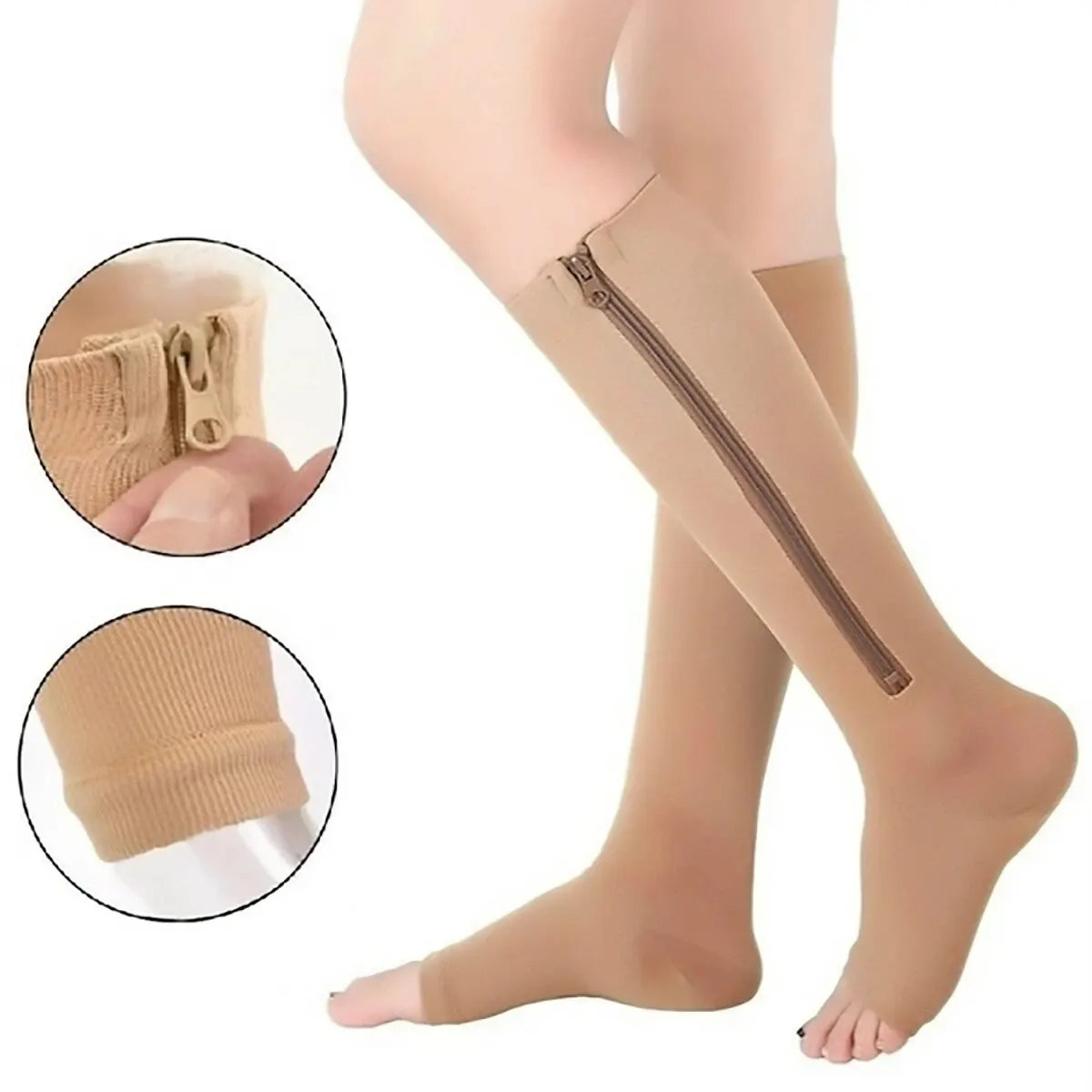 Zipper Compression Socks - Open Toe Knee High Support for Swelling, Varicose Veins and Tired Legs - Unisex, 1 Pair