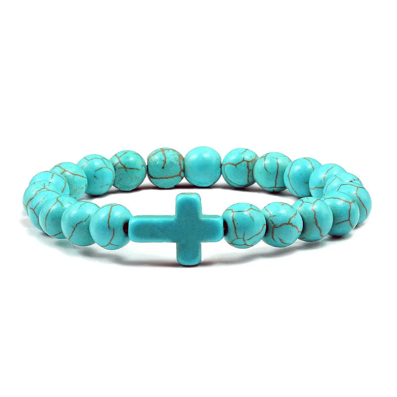 Natural Turquoise Stone Cross Bracelet -- 8mm (0.31in) Beaded Prayer Bracelet | Unisex