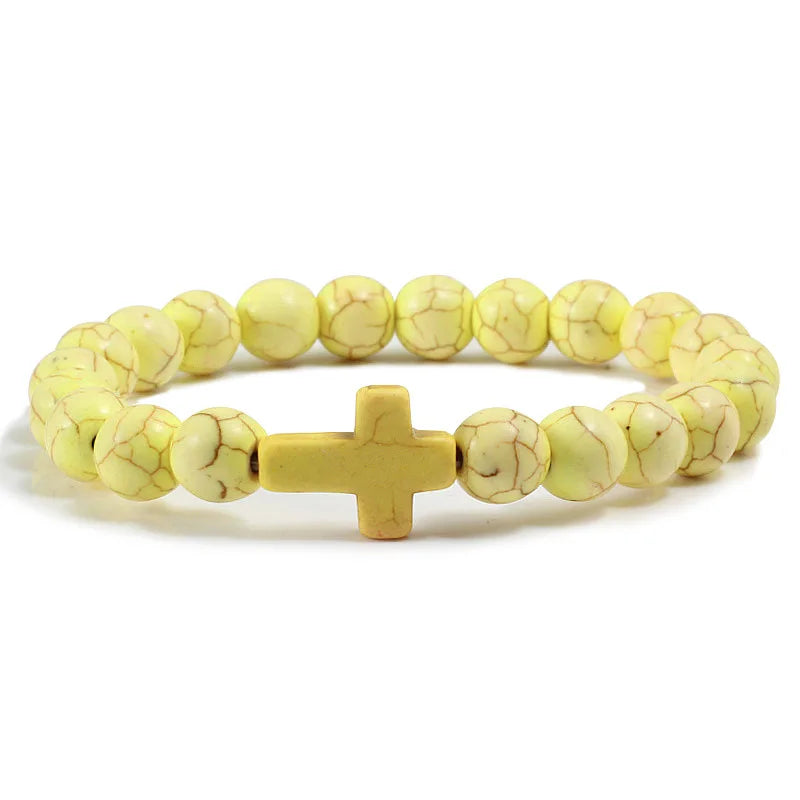 Natural Turquoise Stone Cross Bracelet -- 8mm (0.31in) Beaded Prayer Bracelet | Unisex