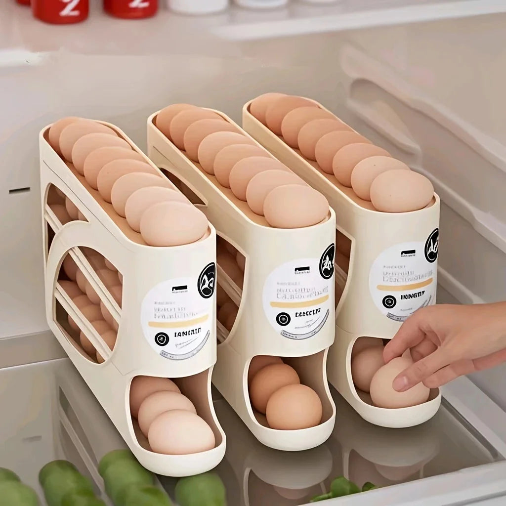 3-Tier Rolling Egg Dispenser for Refrigerator - Auto Sliding Egg Storage Rack Holds 28 to 30 Eggs - Fridge Organizer