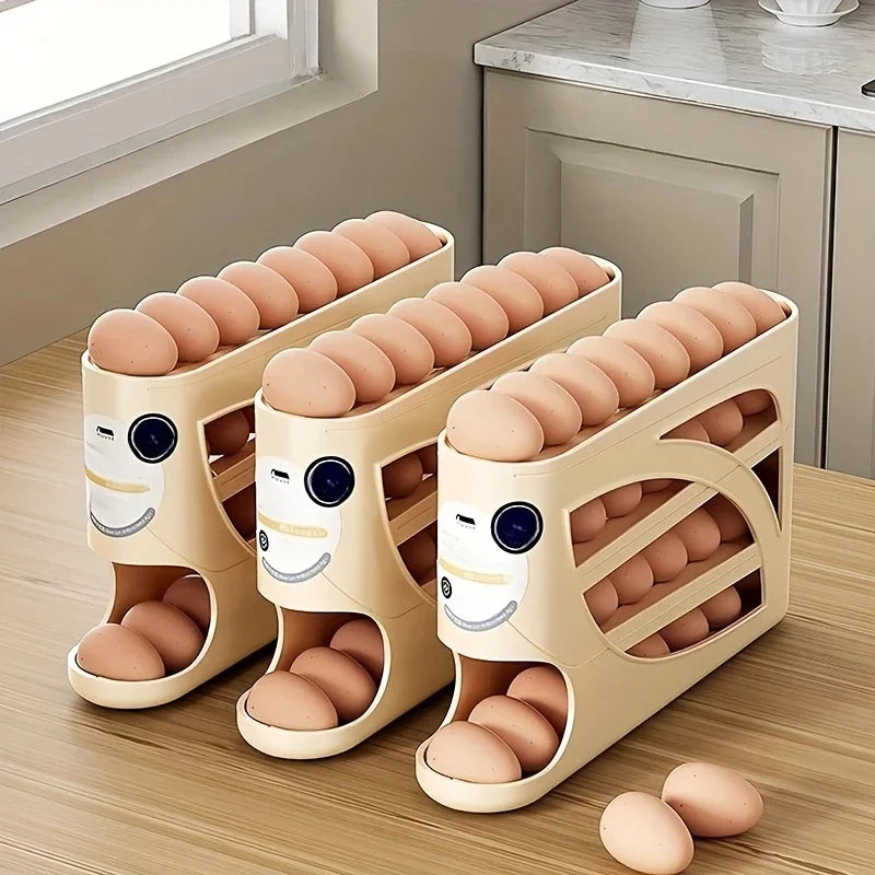 3-Tier Rolling Egg Dispenser for Refrigerator - Auto Sliding Egg Storage Rack Holds 28 to 30 Eggs - Fridge Organizer