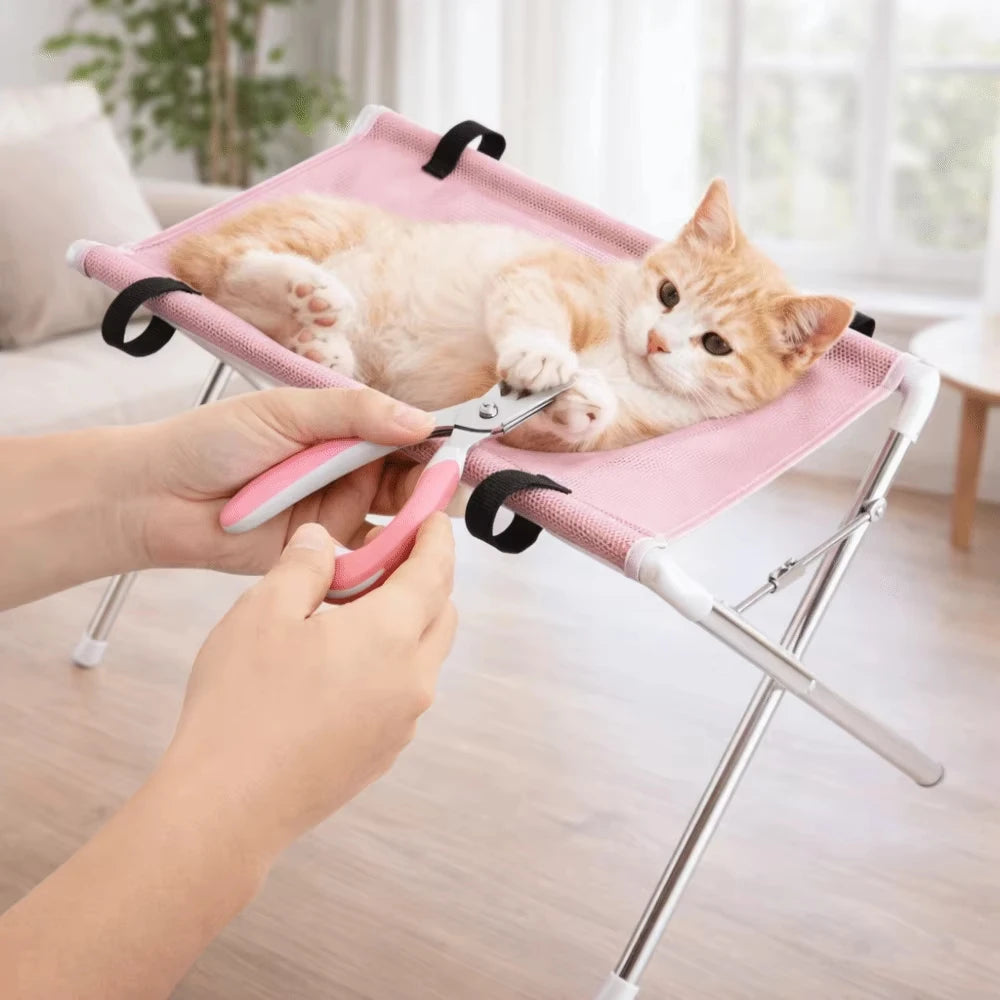 Foldable Pet Grooming Hammock Stand - Adjustable Mesh Bathing and Nail Trimming Restraint Rack for Small and Medium Dogs and Cats