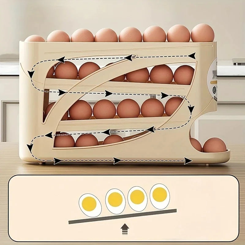 3-Tier Rolling Egg Dispenser for Refrigerator - Auto Sliding Egg Storage Rack Holds 28 to 30 Eggs - Fridge Organizer