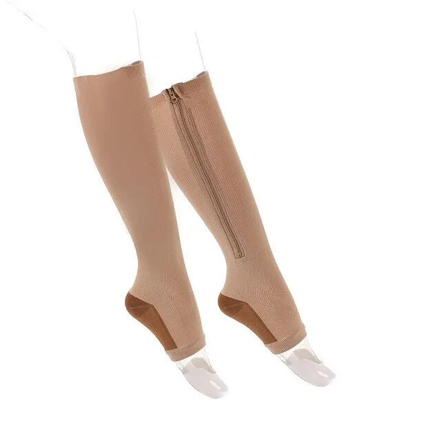 Zipper Compression Socks - Open Toe Knee High Support for Swelling, Varicose Veins and Tired Legs - Unisex, 1 Pair