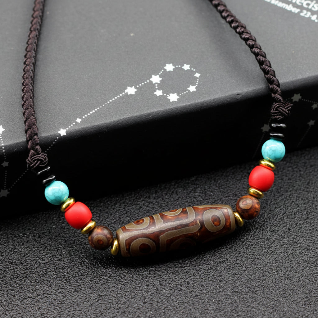 Tibetan 9 Eye Dzi Bead Necklace -- Healing Amulet | Agate Pendant Sweater Chain