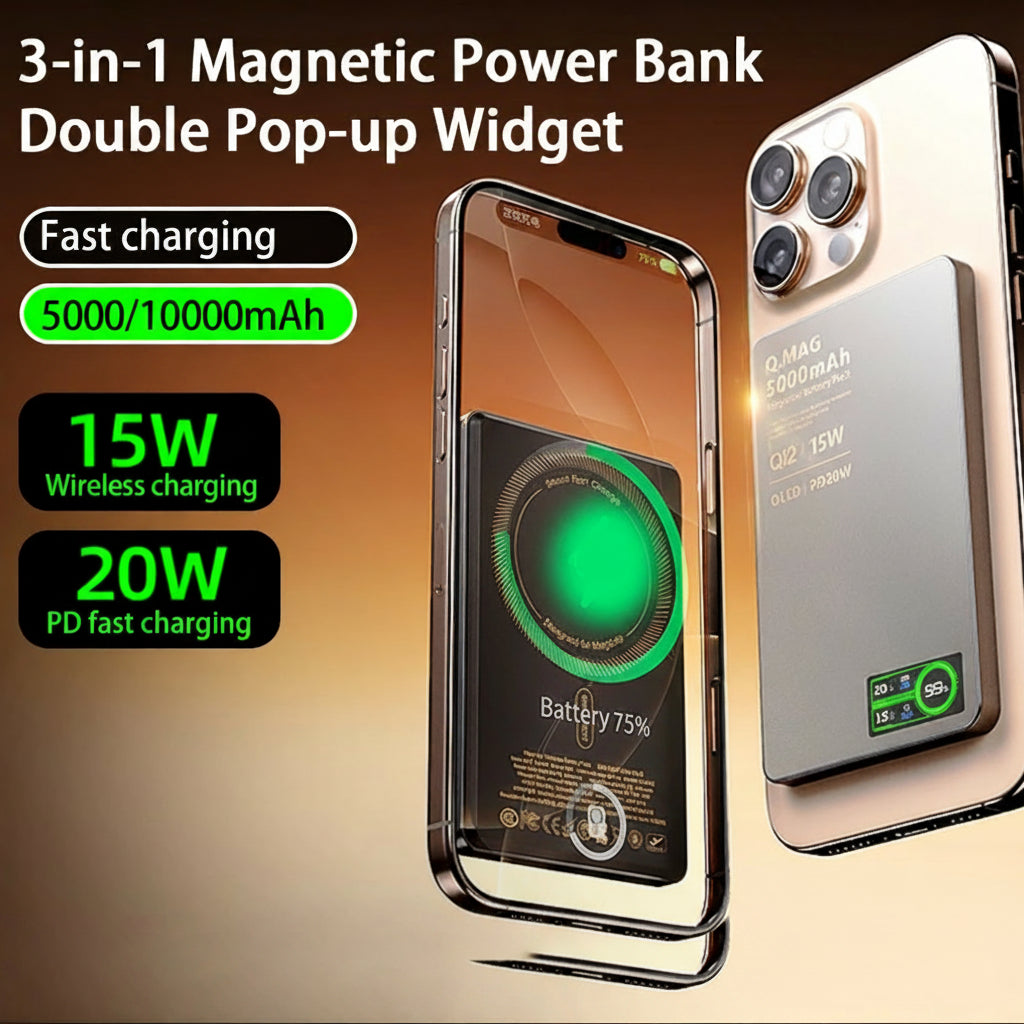 3-in-1 Magnetic Wireless Power Bank with LCD Display & Fast Charge (5000/10000mAh)