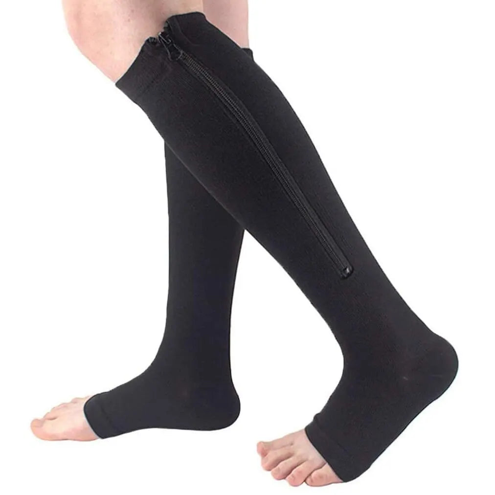 Zipper Compression Socks - Open Toe Knee High Support for Swelling, Varicose Veins and Tired Legs - Unisex, 1 Pair