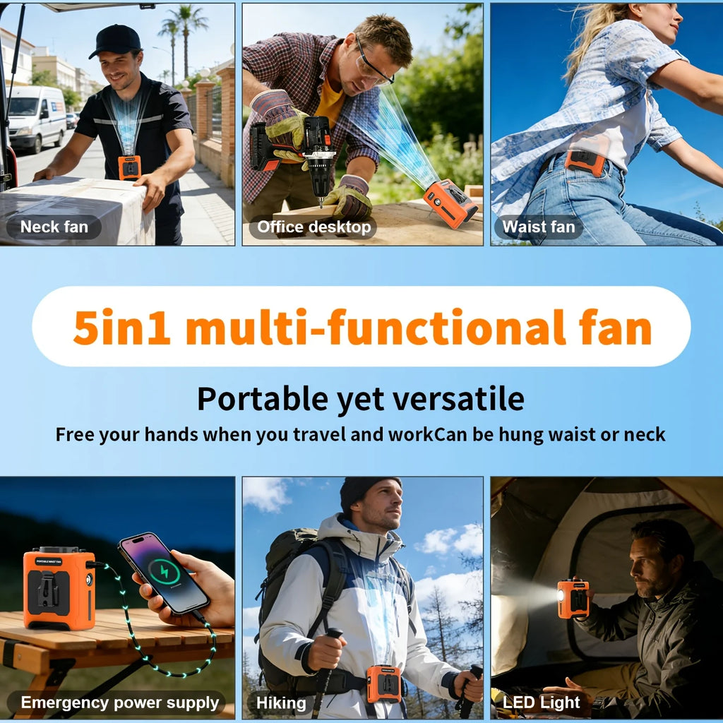 10000mAh Waist & Neck Fan — 3-in-1 Portable Hands-Free Cooling Fan with Phone Charger & LED Light for Outdoor Work, Camping & Travel