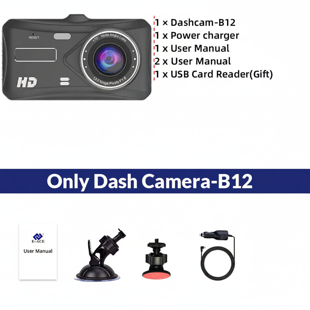 Dual Dashcam with Touch Screen, Night Vision & Rear Camera (FHD 1080P, 4" IPS)