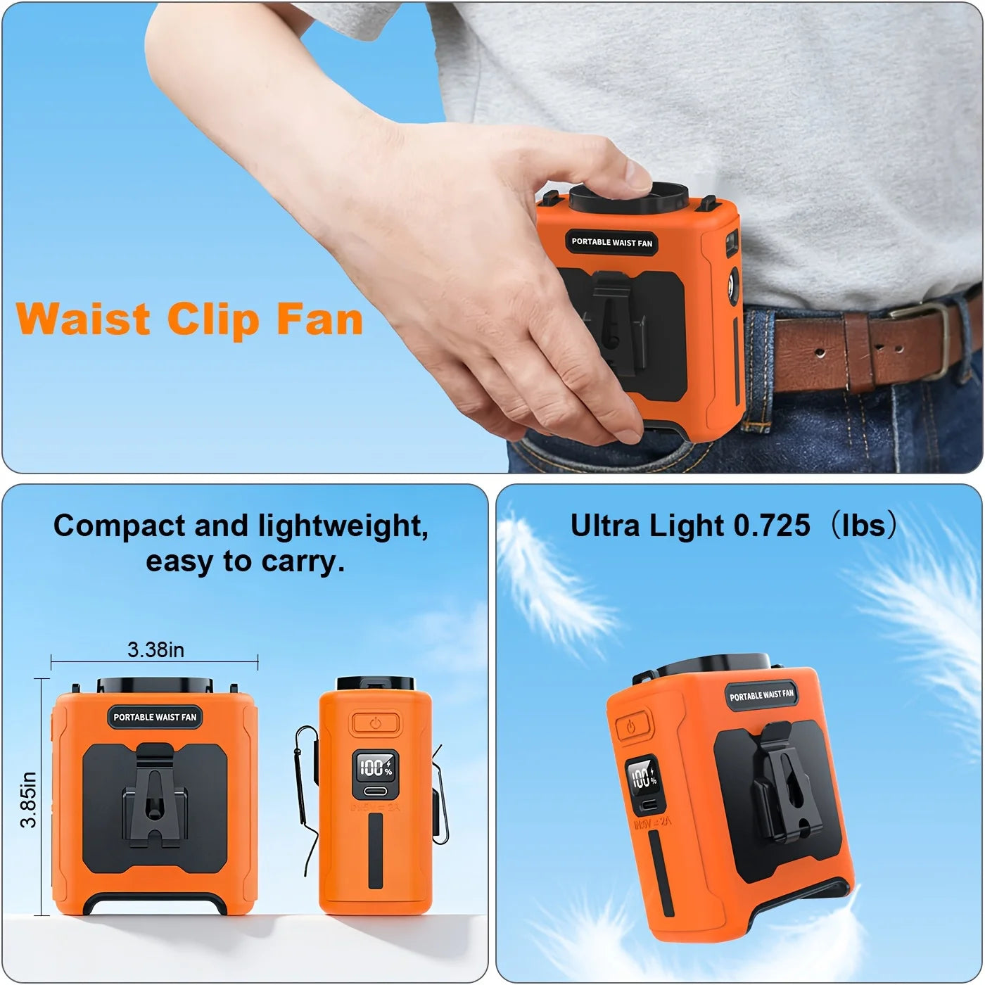 10000mAh Waist & Neck Fan — 3-in-1 Portable Hands-Free Cooling Fan with Phone Charger & LED Light for Outdoor Work, Camping & Travel