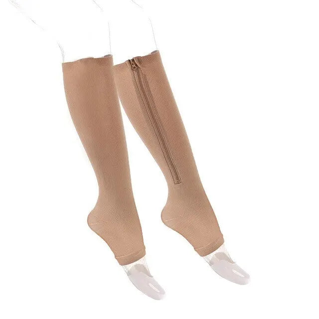 Zipper Compression Socks - Open Toe Knee High Support for Swelling, Varicose Veins and Tired Legs - Unisex, 1 Pair
