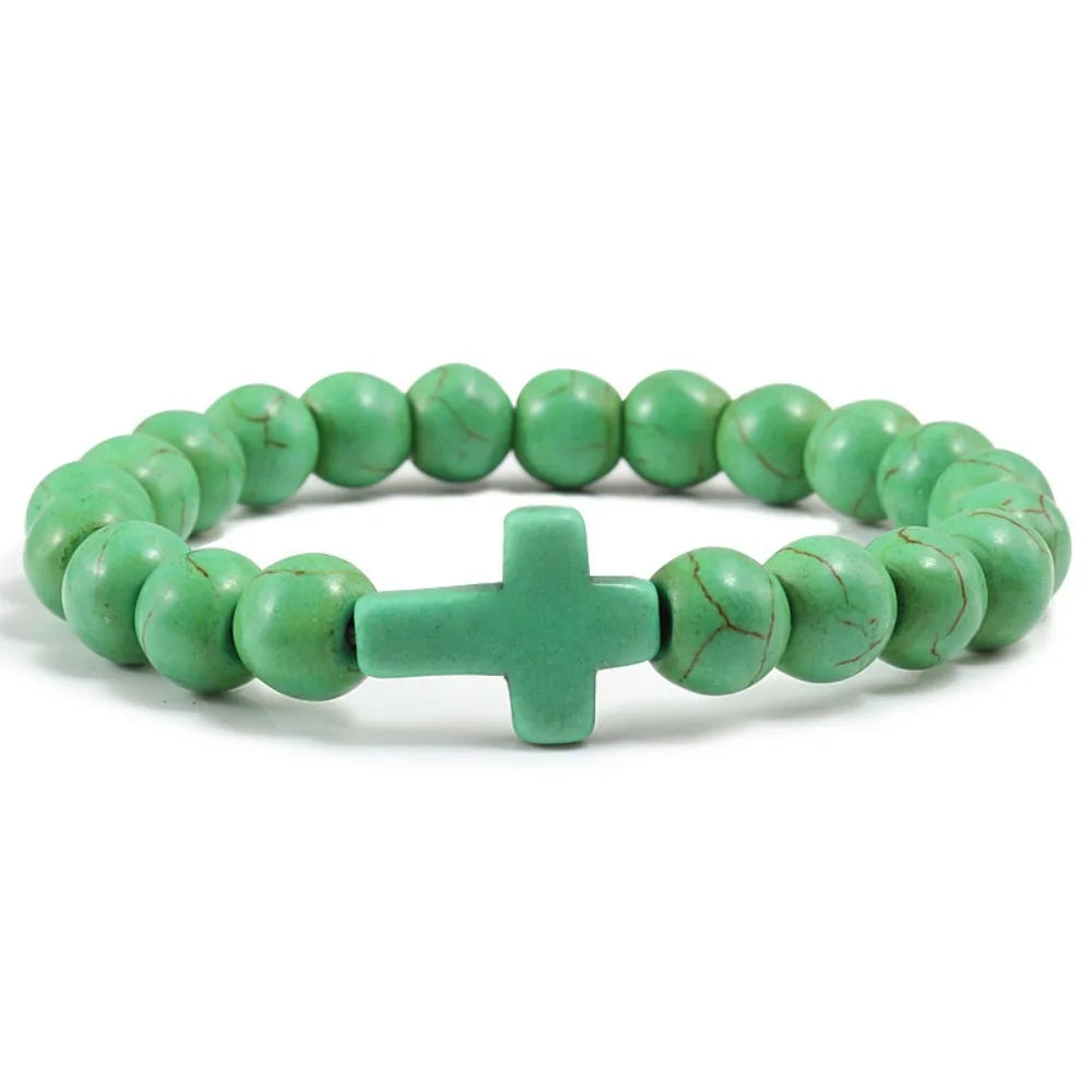 Natural Turquoise Stone Cross Bracelet -- 8mm (0.31in) Beaded Prayer Bracelet | Unisex