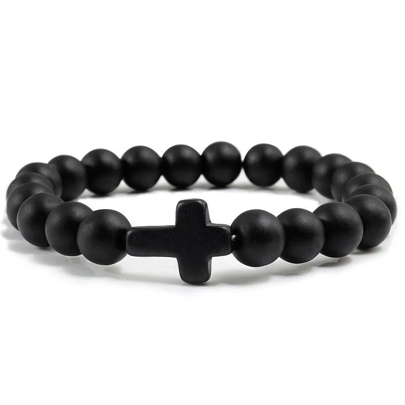 Natural Turquoise Stone Cross Bracelet -- 8mm (0.31in) Beaded Prayer Bracelet | Unisex