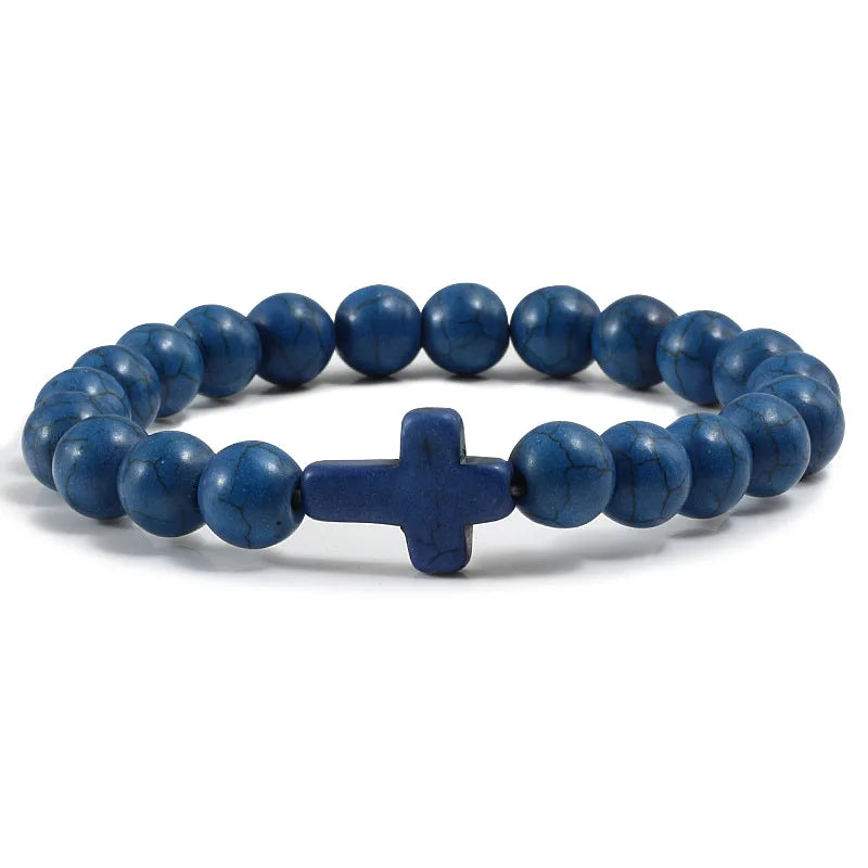 Natural Turquoise Stone Cross Bracelet -- 8mm (0.31in) Beaded Prayer Bracelet | Unisex