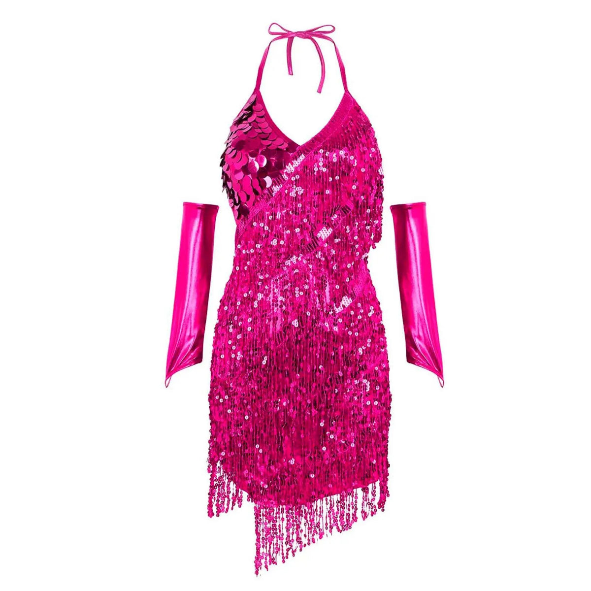 Sequin Latin Dance Dress with Rhinestone Tassels and Gloves - Sparkly Ballroom Performance Costume for Women