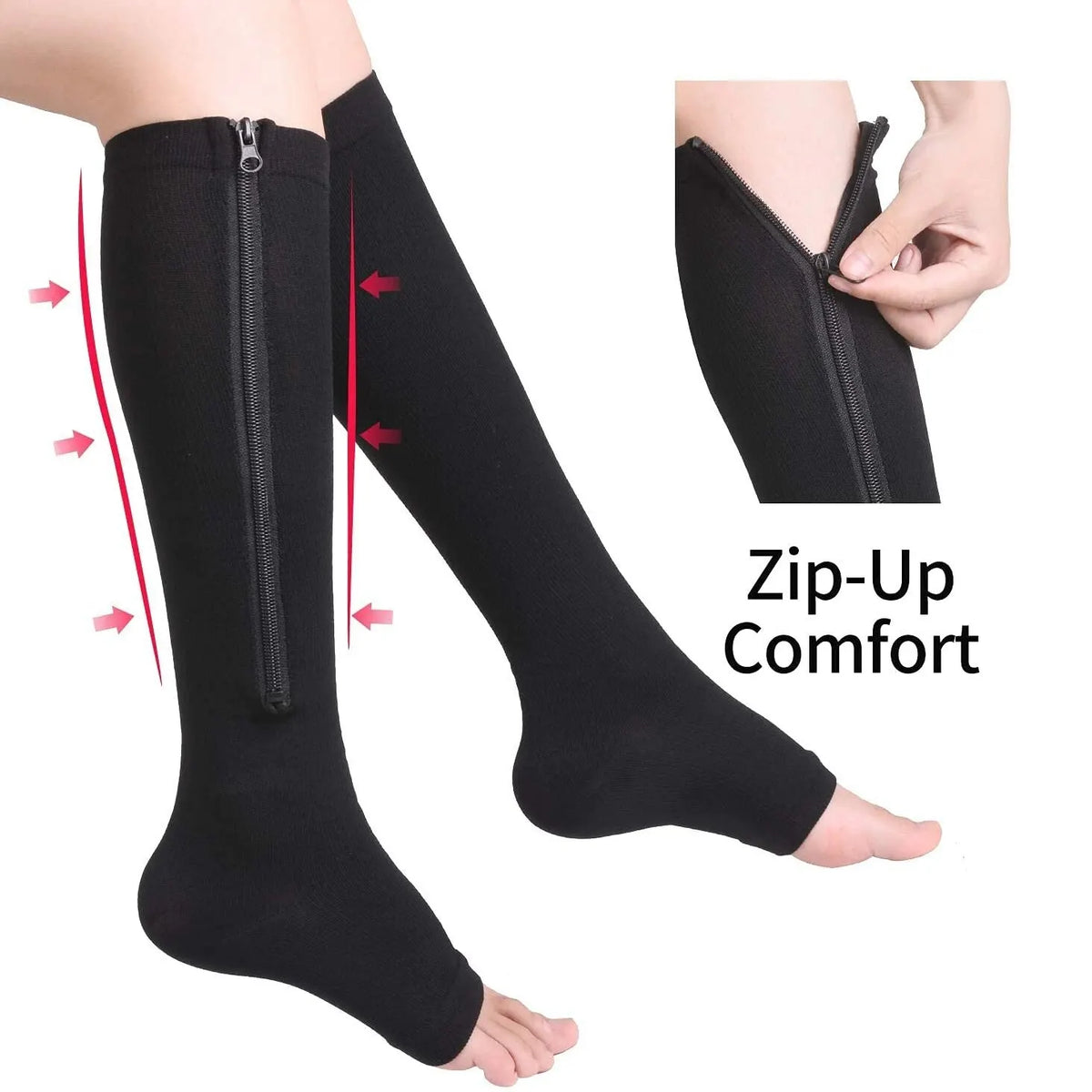 Zipper Compression Socks - Open Toe Knee High Support for Swelling, Varicose Veins and Tired Legs - Unisex, 1 Pair