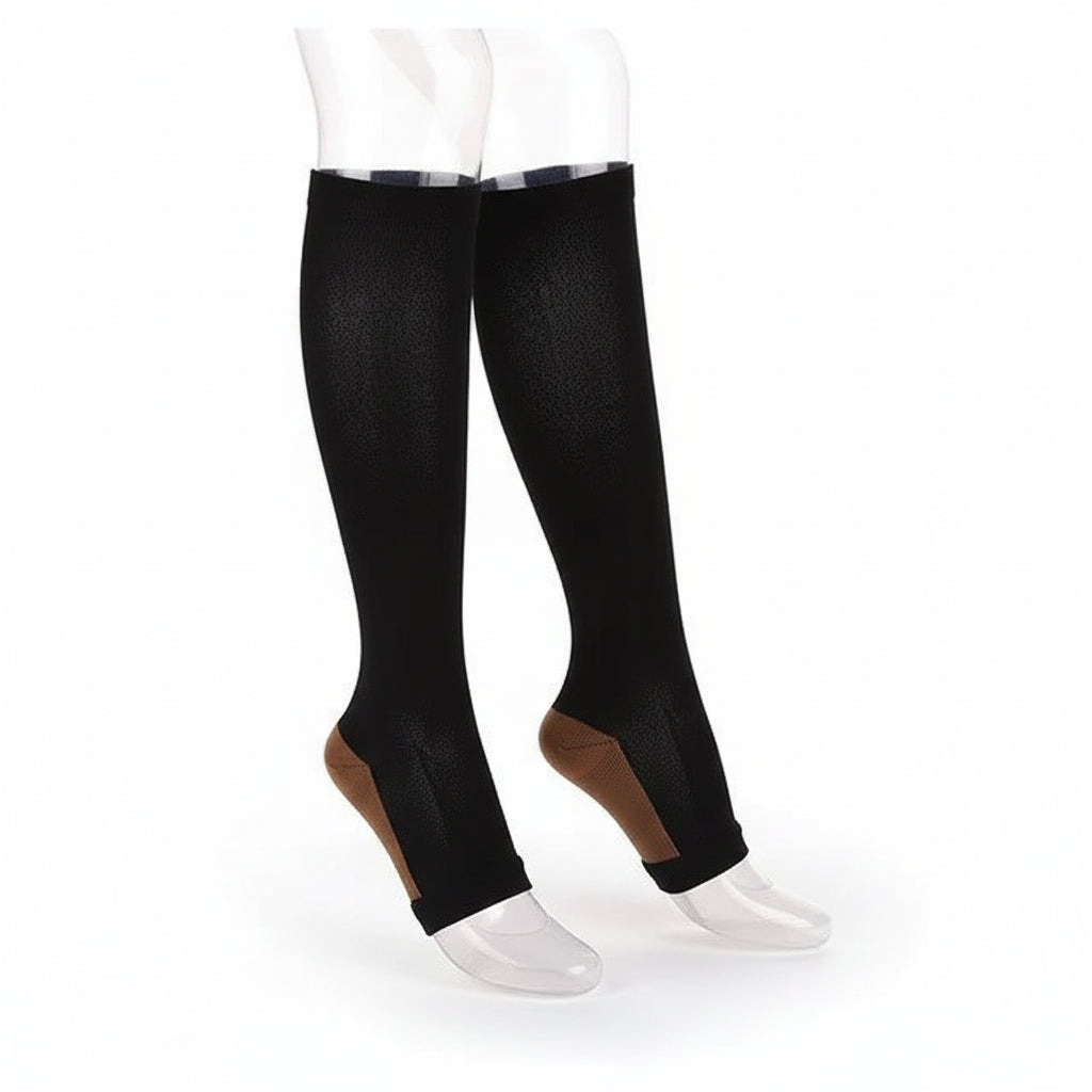 Zipper Compression Socks - Open Toe Knee High Support for Swelling, Varicose Veins and Tired Legs - Unisex, 1 Pair
