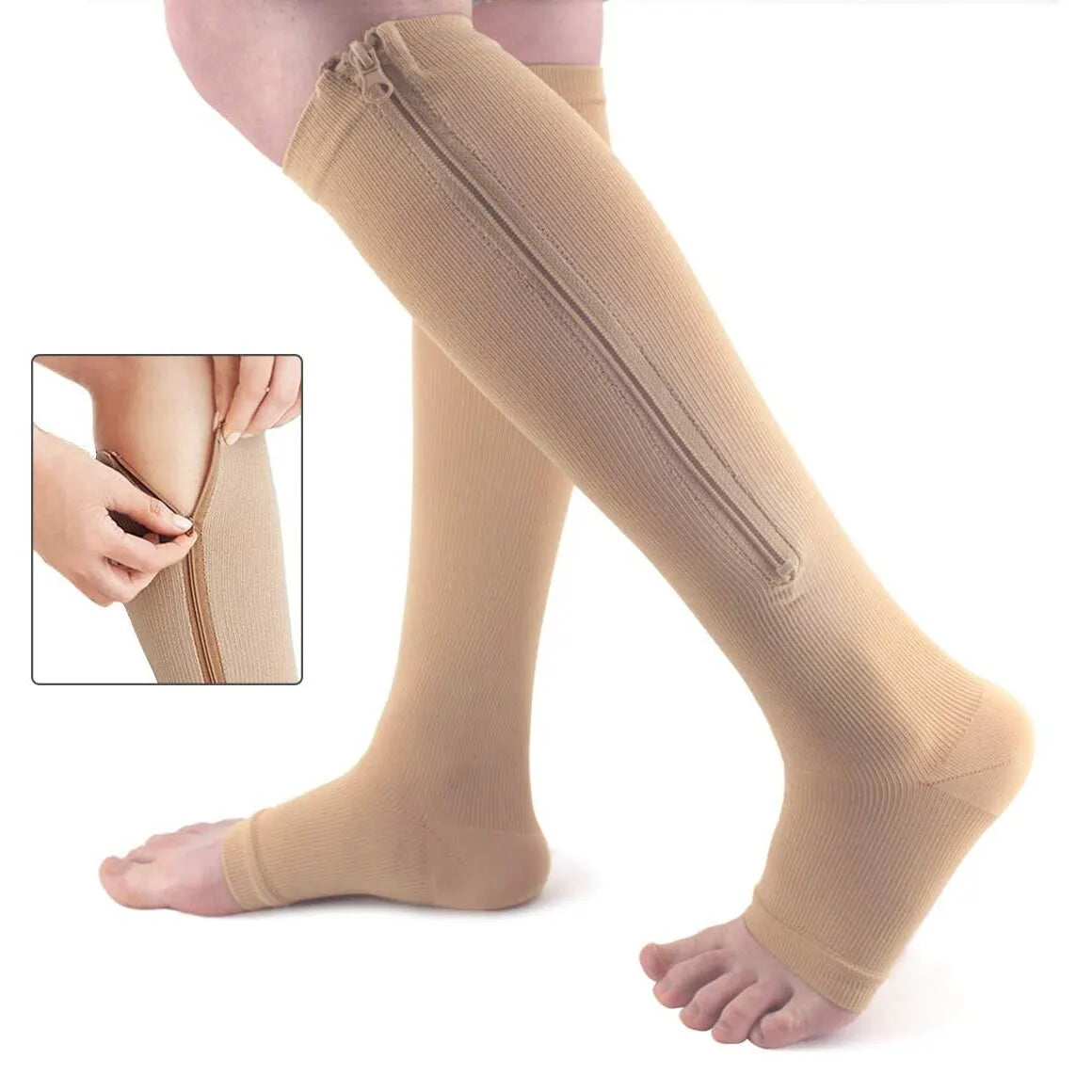 Zipper Compression Socks - Open Toe Knee High Support for Swelling, Varicose Veins and Tired Legs - Unisex, 1 Pair