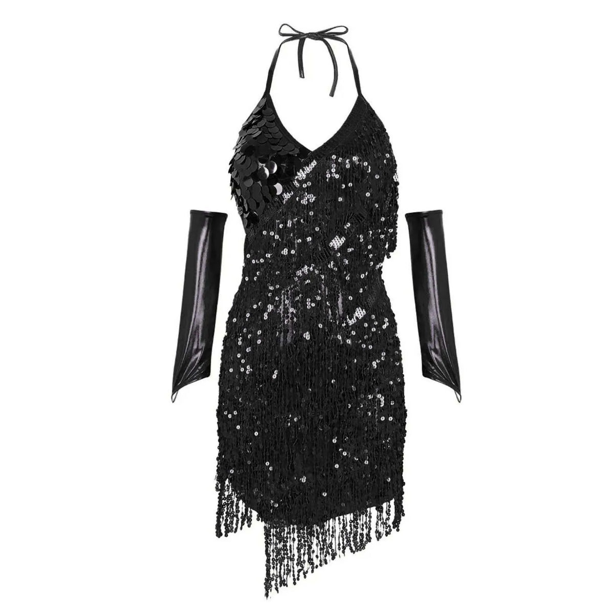 Sequin Latin Dance Dress with Rhinestone Tassels and Gloves - Sparkly Ballroom Performance Costume for Women