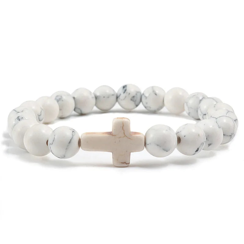 Natural Turquoise Stone Cross Bracelet -- 8mm (0.31in) Beaded Prayer Bracelet | Unisex