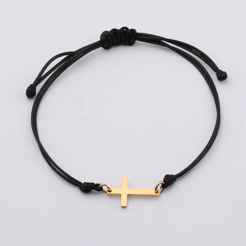 Handmade Stainless Steel Cross Charm Bracelet -- Braided Adjustable Lucky String | Set of 10 | Unisex
