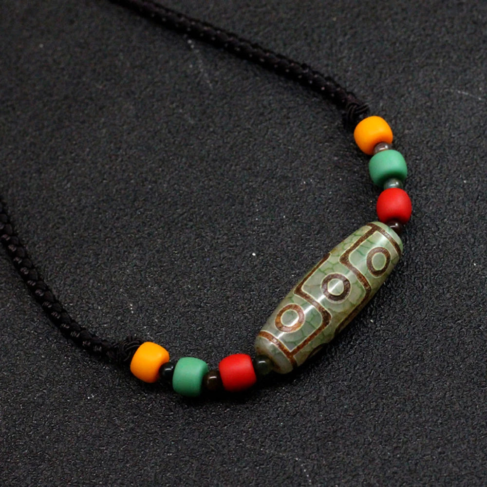 Tibetan 9 Eye Dzi Bead Necklace -- Healing Amulet | Agate Pendant Sweater Chain
