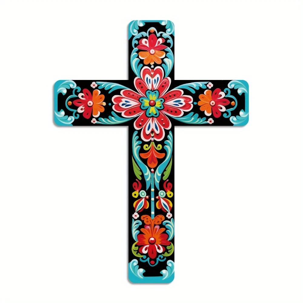 16" Colorful Floral Mexican Cross -- Wooden Wall Art | Home & Church Décor