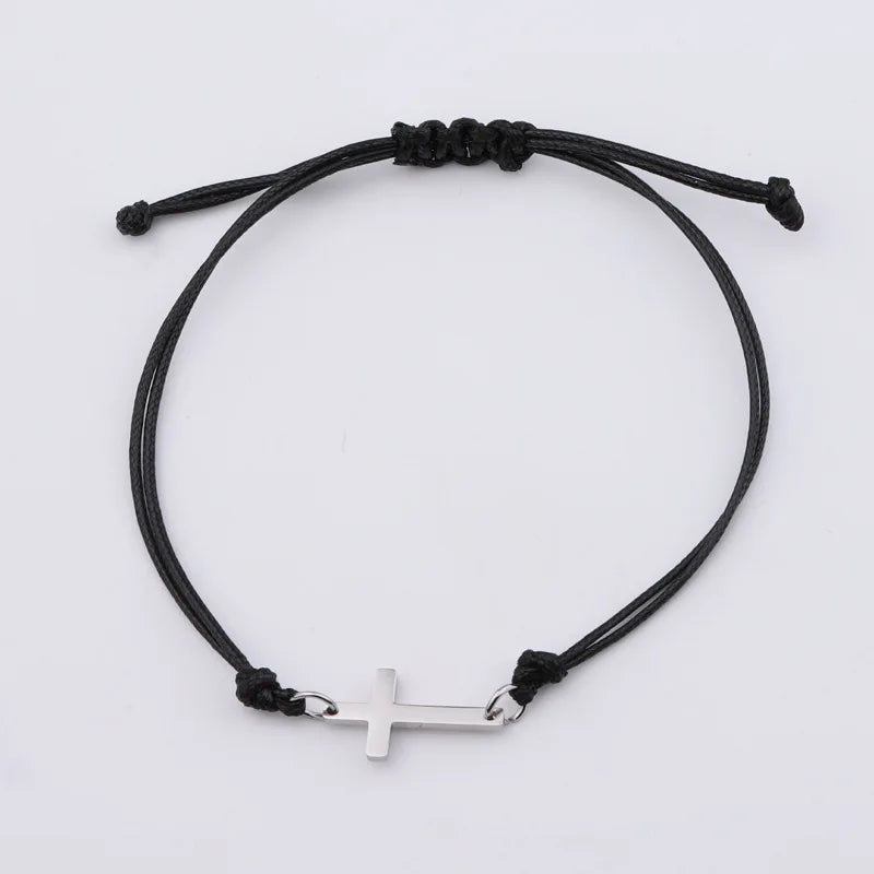 Handmade Stainless Steel Cross Charm Bracelet -- Braided Adjustable Lucky String | Set of 10 | Unisex