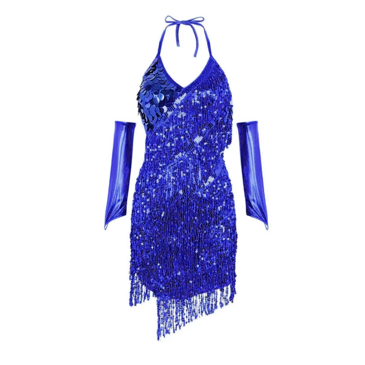 Sequin Latin Dance Dress with Rhinestone Tassels and Gloves - Sparkly Ballroom Performance Costume for Women