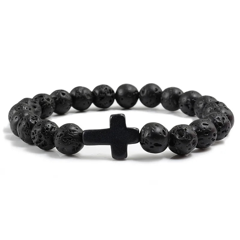 Natural Turquoise Stone Cross Bracelet -- 8mm (0.31in) Beaded Prayer Bracelet | Unisex